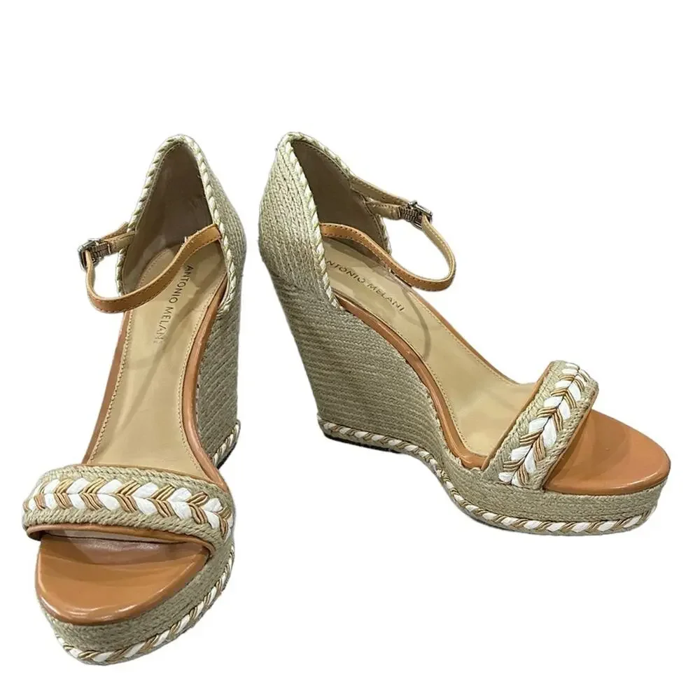 Antonio Melani espadrilles 5” wedges tan‎ white rope ankle strap size 10 - Picture 3 of 10